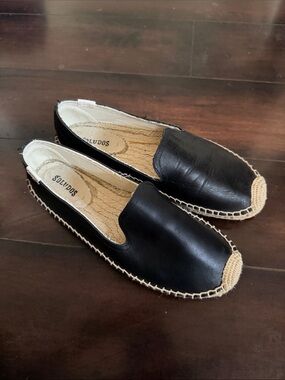 Soludos Black Leather Espadrille Slip-On Flats with Natural Jute Trim Size 9